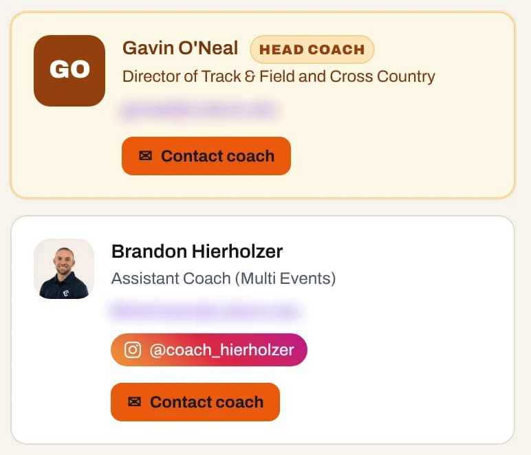 Coaching staff cards on a Trackbeast program page, each with the coach’s event group and contact