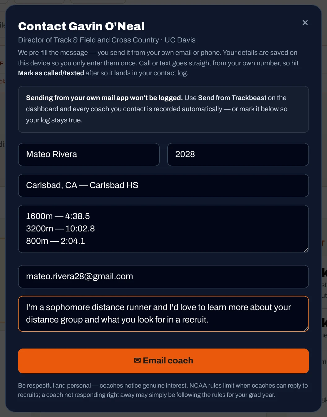 Trackbeast coach email composer, pre-filled with an athlete’s PRs, grad year and high school